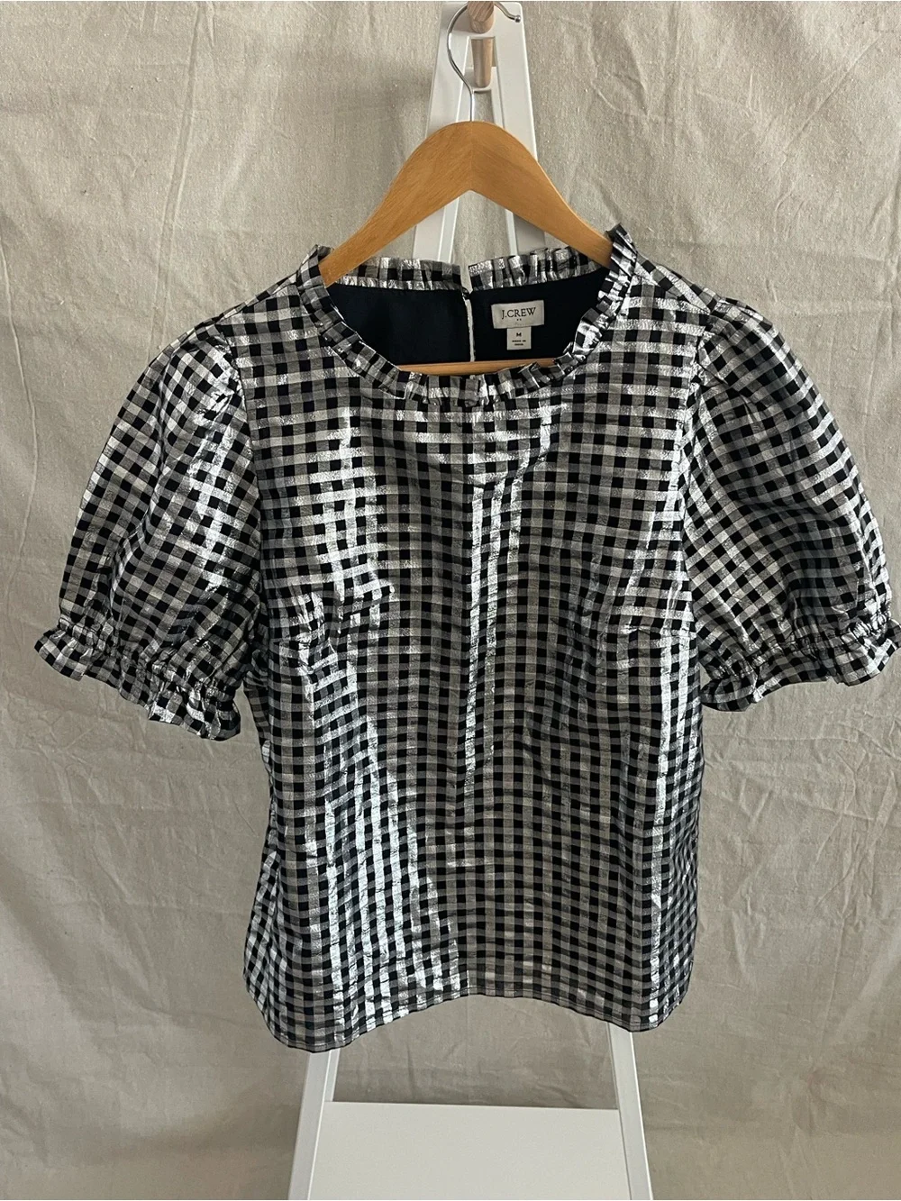 J.Crew Factory Shiny Gingham Puff Sleeve Top Black Silver Lurex M